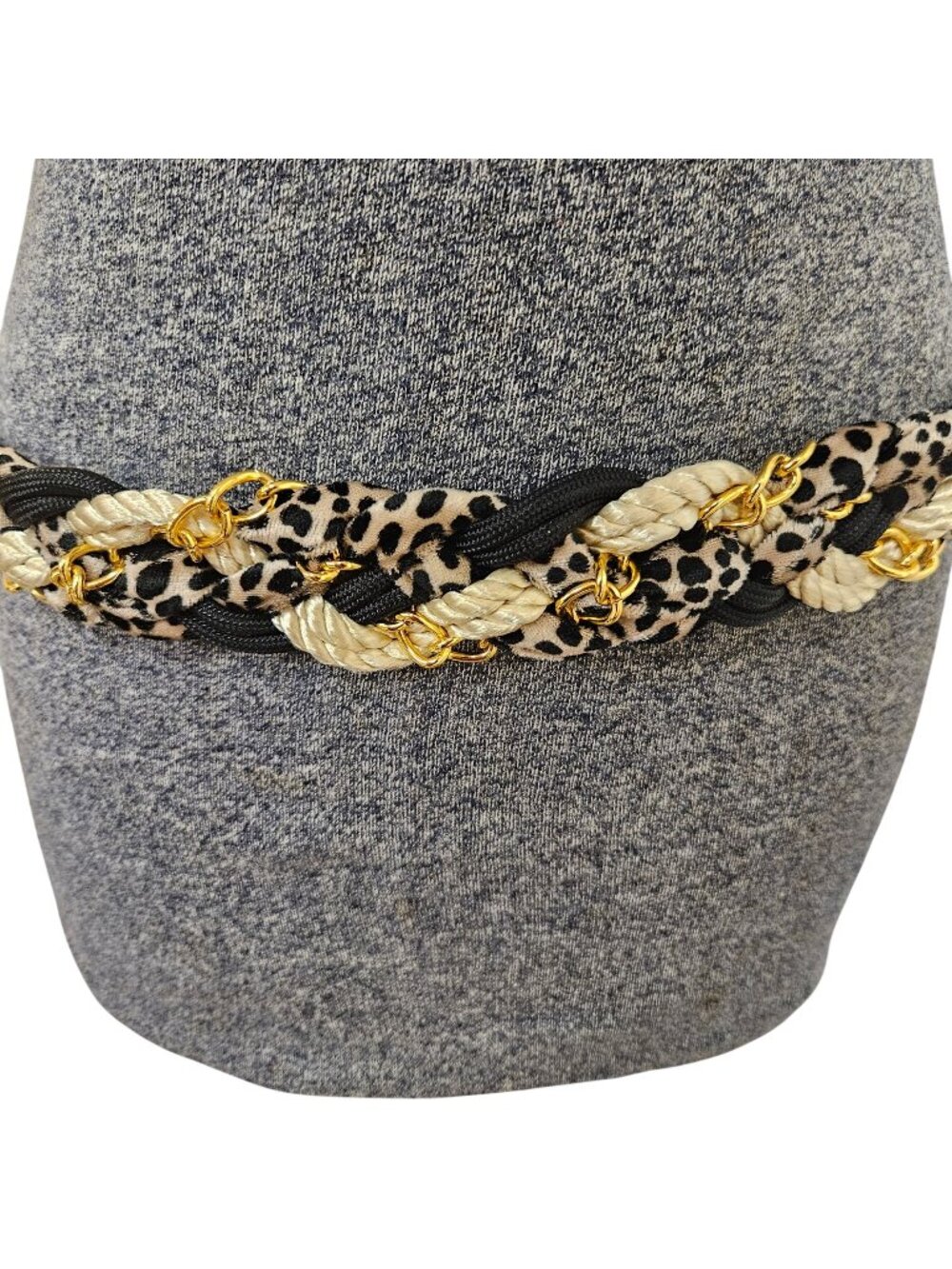 Cinch Belt Womens S/M Black Cord Animal Print Gold Metal Chain Detail 1980s